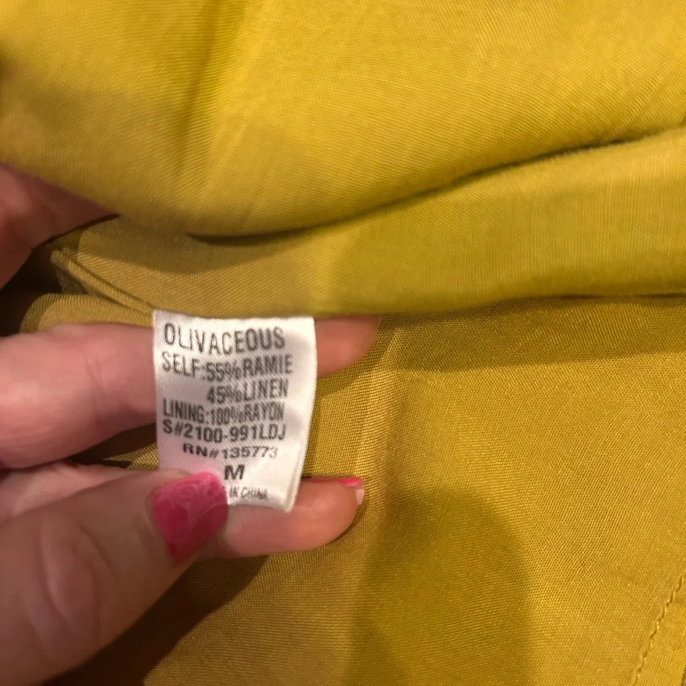 Olivaceous Sage Green linen blend Wrap mini dress elegant puff sleeves V neck - Picture 4 of 4